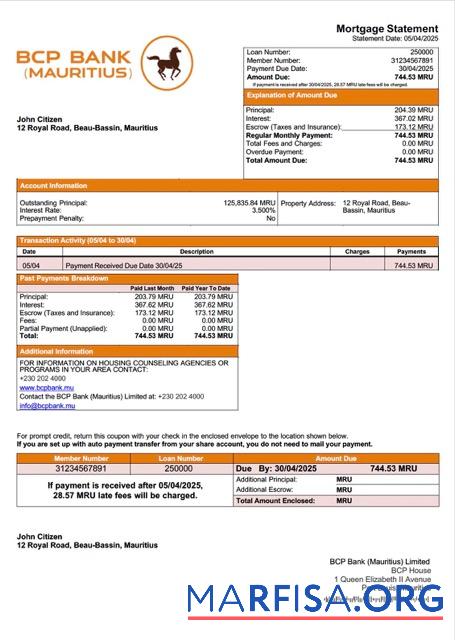 Downloadable Mauritius BCP Bank (Mauritius) Limited mortgage statement Word and PDF template